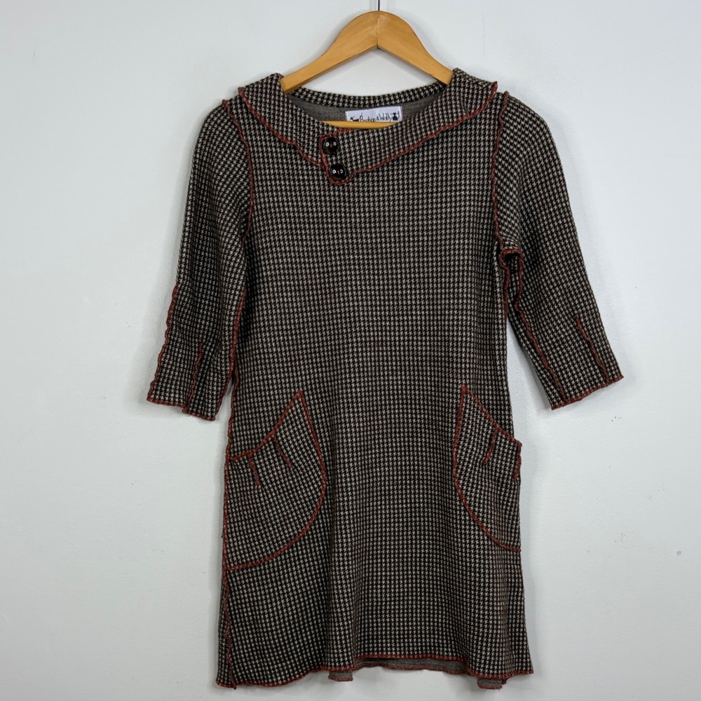 Handmade Sweater Dress Womens Small Medium Brown Houndstooth Wool Stretch Retro